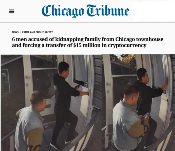 Screenshot from the Chicago Tribune about six men accused of kidnapping a family in Chicago and extorting $15 million in cryptocurrency.